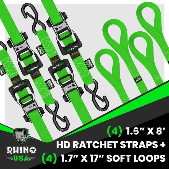 Rhino USA Heavy Duty Ratchet Tie-Down 4-Pack (Green) 1.6In X 8Ft - Bull Strap