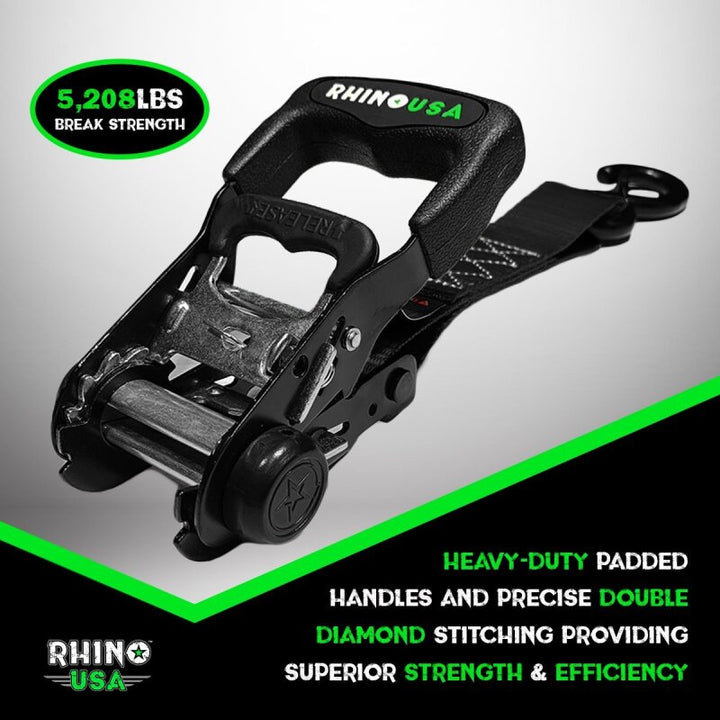 Rhino USA Heavy Duty Ratchet Tie-Down 4-Pack (Green) 1.6In X 8Ft - Bull Strap