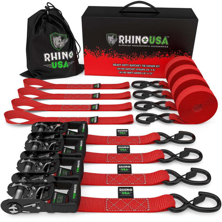 Rhino USA Heavy Duty Ratchet Tie-Down 4-Pack Red 1.6In X 15Ft - Bull Strap