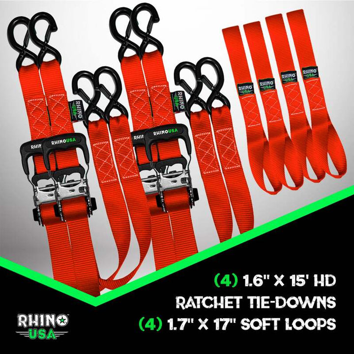 Rhino USA Heavy Duty Ratchet Tie-Down 4-Pack Red 1.6In X 15Ft - Bull Strap