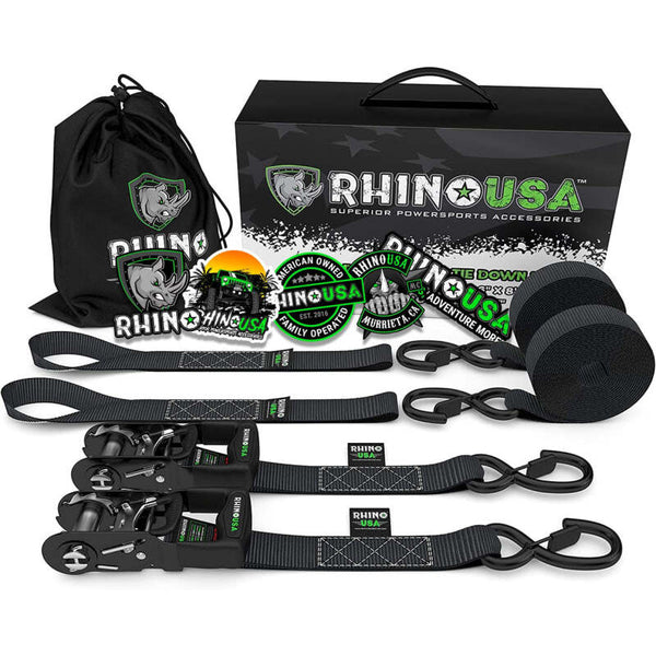 Rhino USA Heavy Duty Ratchet Tie-Downs 2-Pack (Black) 1.6In X 8Ft - Bull Strap