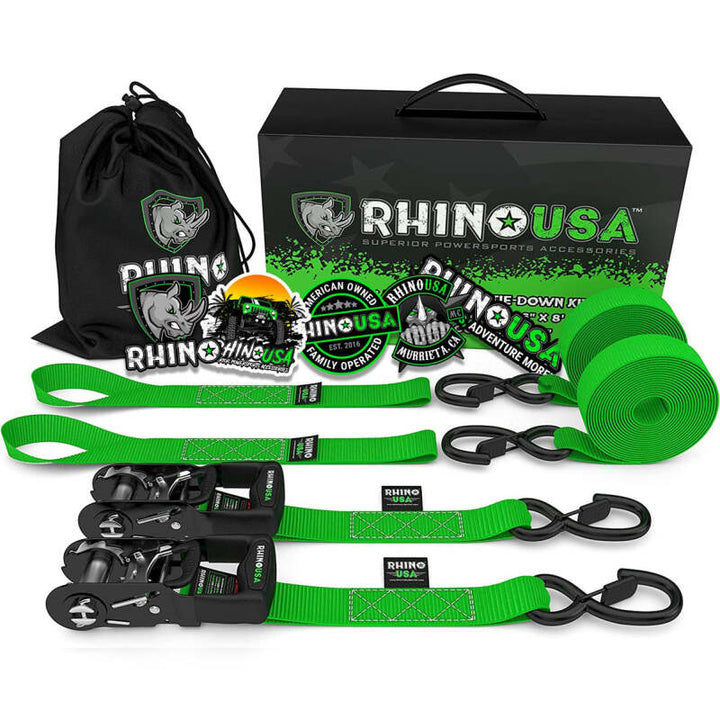 Rhino USA Heavy Duty Ratchet Tie-Downs 2-Pack (Green) 1.6In X 8Ft - Bull Strap