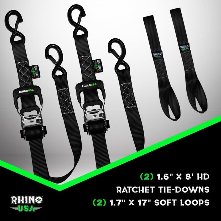 Rhino USA Heavy Duty Ratchet Tie-Downs 2-Pack (Green) 1.6In X 8Ft - Bull Strap