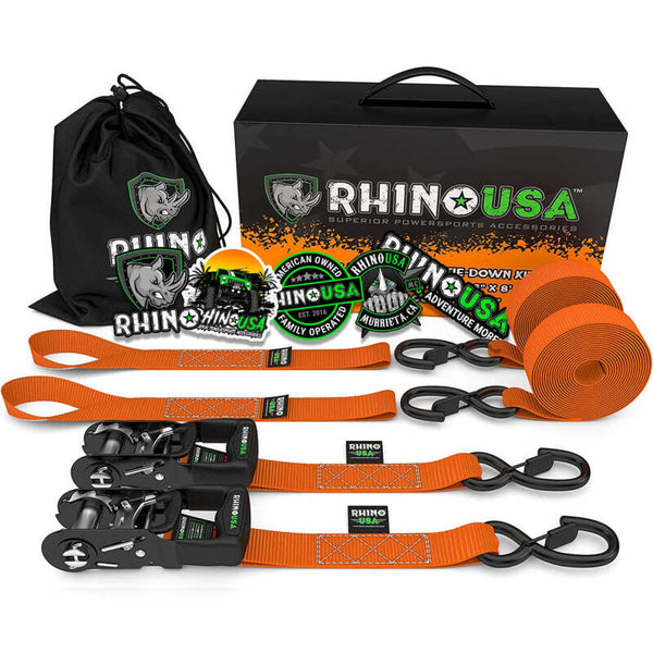 Rhino USA Heavy Duty Ratchet Tie-Downs 2-Pack (Orange) 1.6In X 8Ft - Bull Strap