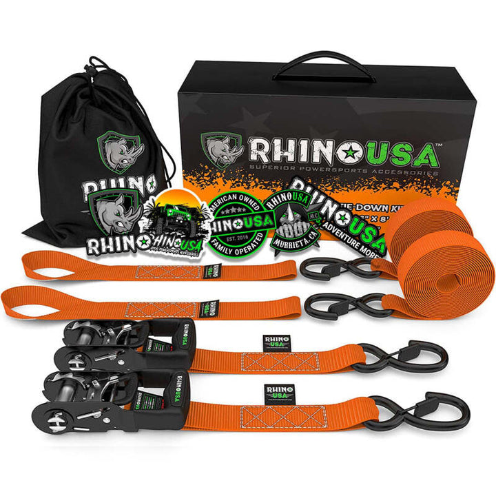 Rhino USA Heavy Duty Ratchet Tie-Downs 2-Pack (Orange) 1.6In X 8Ft - Bull Strap