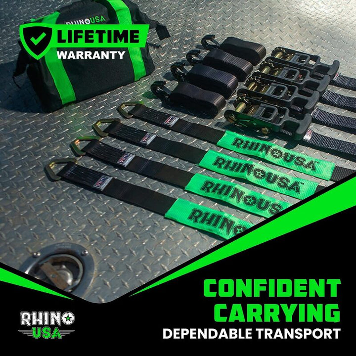 Rhino USA Heavy Duty Vehicle Tie Down Kit- Green - Bull Strap