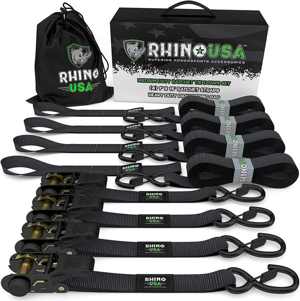 Rhino USA Medium Duty Ratchet Strap Tie-Down 4-Pack (Black) - Bull Strap