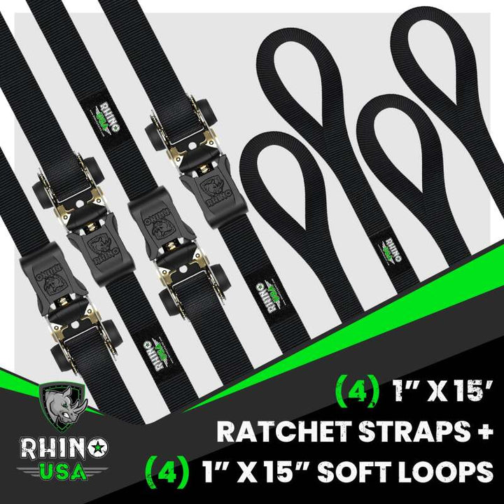 Rhino USA Medium Duty Ratchet Strap Tie-Down 4-Pack (Black) - Bull Strap