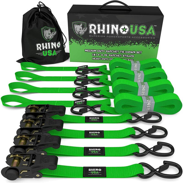 Rhino USA Medium Duty Ratchet Strap Tie-Down 4-Pack (Green) - Bull Strap