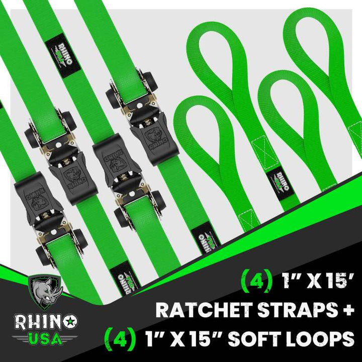 Rhino USA Medium Duty Ratchet Strap Tie-Down 4-Pack (Green) - Bull Strap