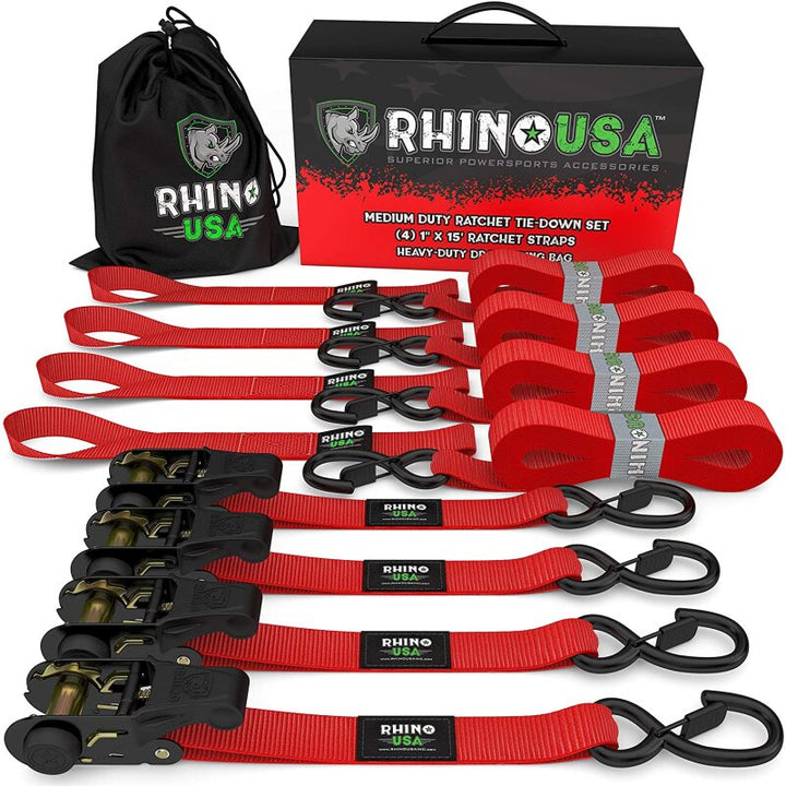 Rhino USA Medium Duty Ratchet Strap Tie-Down 4-Pack (Red) - Bull Strap
