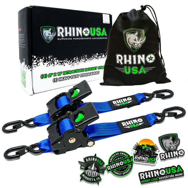 Rhino USA Retractable Ratchet Straps (2Pk 2Inx10Ft) Blue - Bull Strap
