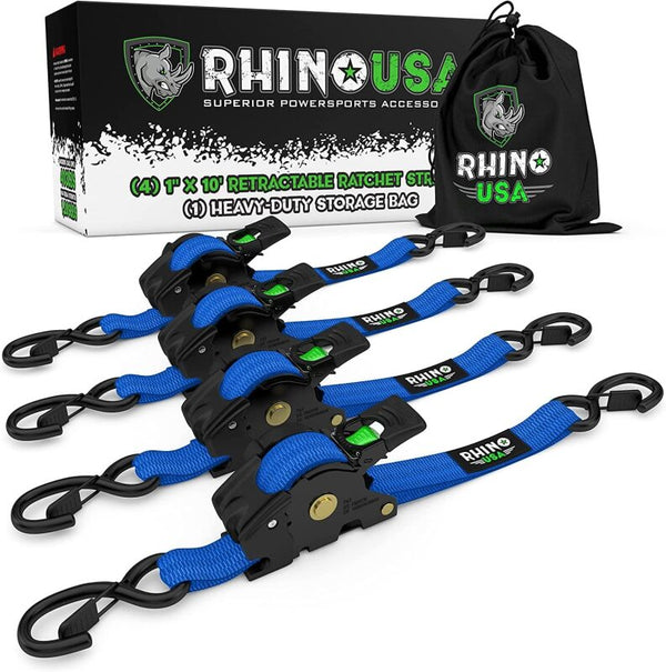Rhino USA Retractable Ratchet Straps (4Pk 1Inx10Ft) (Blue) - Bull Strap