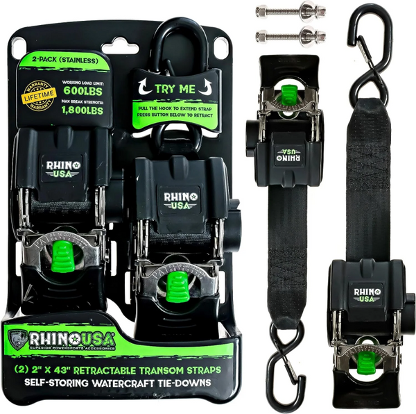 Rhino USA Retractable Transom Straps (2 Pack-Stainless) - Bull Strap