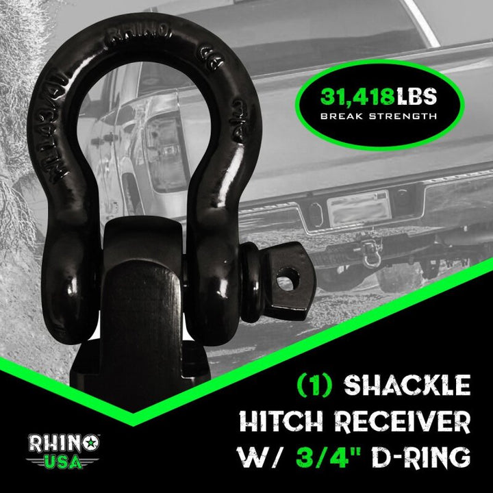 Rhino USA Shackle Hitch Receiver W/ D-Ring (Black) - Bull Strap