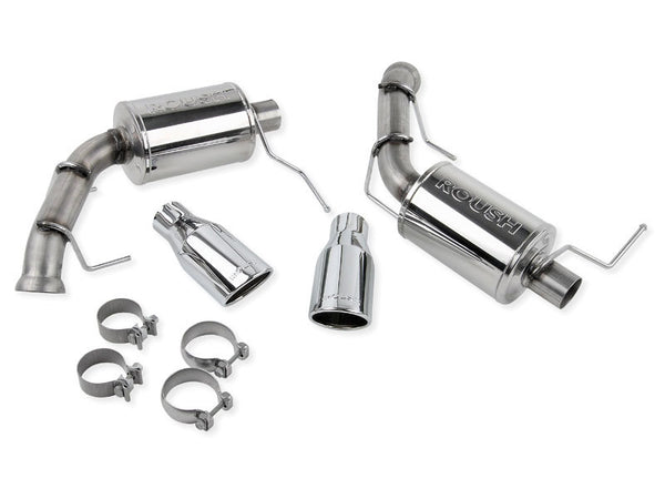 Roush 2011-2014 Ford Mustang V6 Enhanced Sound Dual Axle-Back w/ Round Tips - Bull Strap