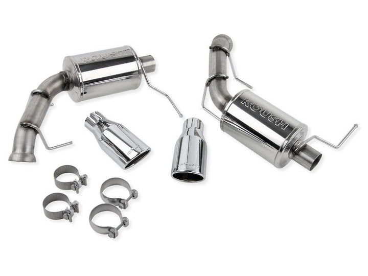 Roush 2011-2014 Ford Mustang V6 Enhanced Sound Dual Axle-Back w/ Round Tips - Bull Strap