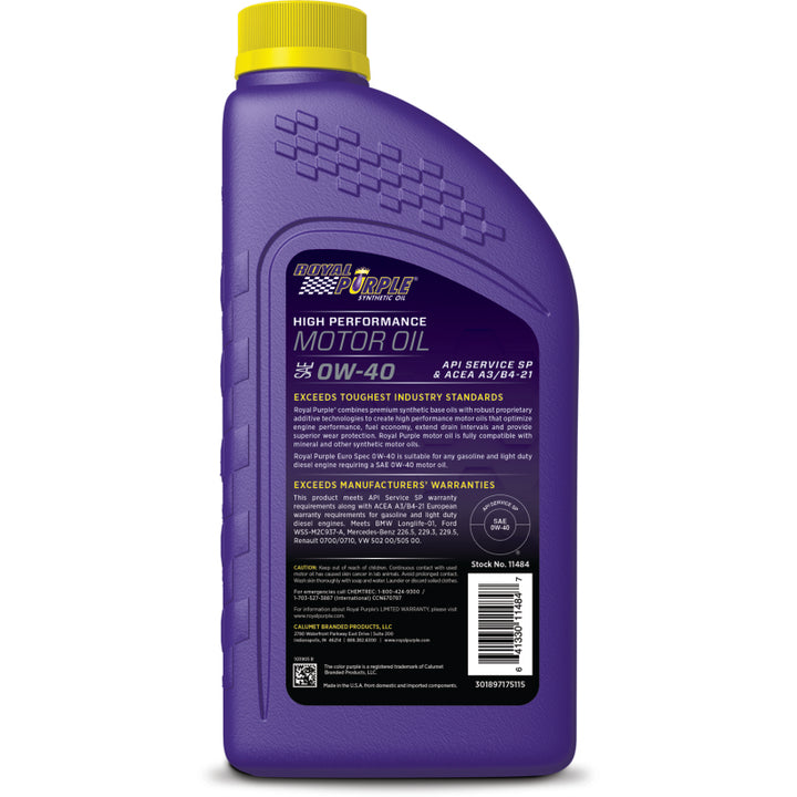 Royal Purple Premium Synthetic High Performance Euro Formula 0W-40 Motor Oil - 1 Quart - Bull Strap
