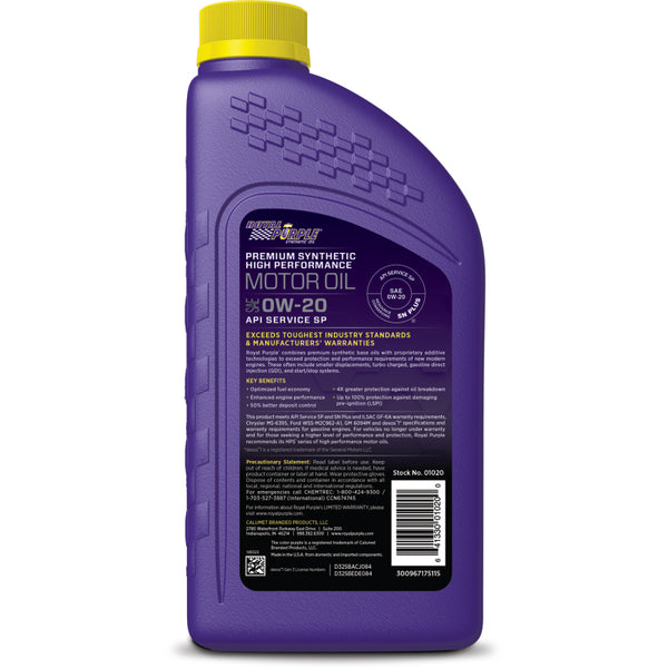 Royal Purple Premium Synthetic High Performance Multi-Grade 0W-20 Motor Oil - 1 Quart - Bull Strap