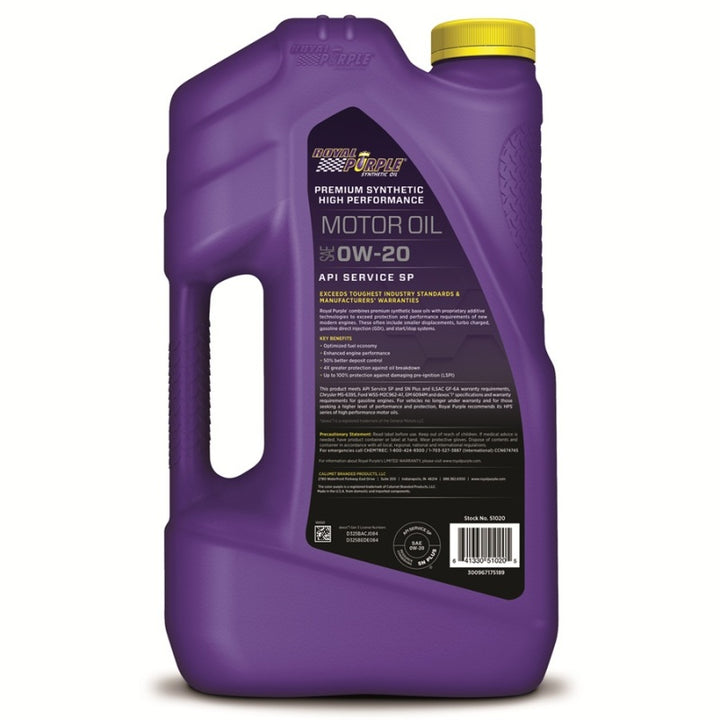 Royal Purple Premium Synthetic High Performance Multi-Grade 0W-20 Motor Oil - 5 Quart - Bull Strap