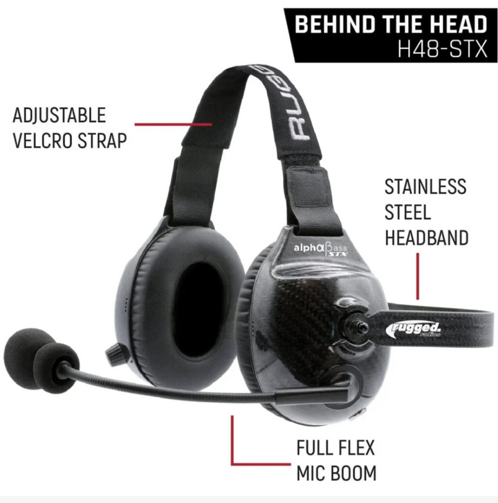 Rugged Radios AlphaBass Carbon Fiber Headset for STEREO and OFFROAD Intercoms Behind The Head - Bull Strap
