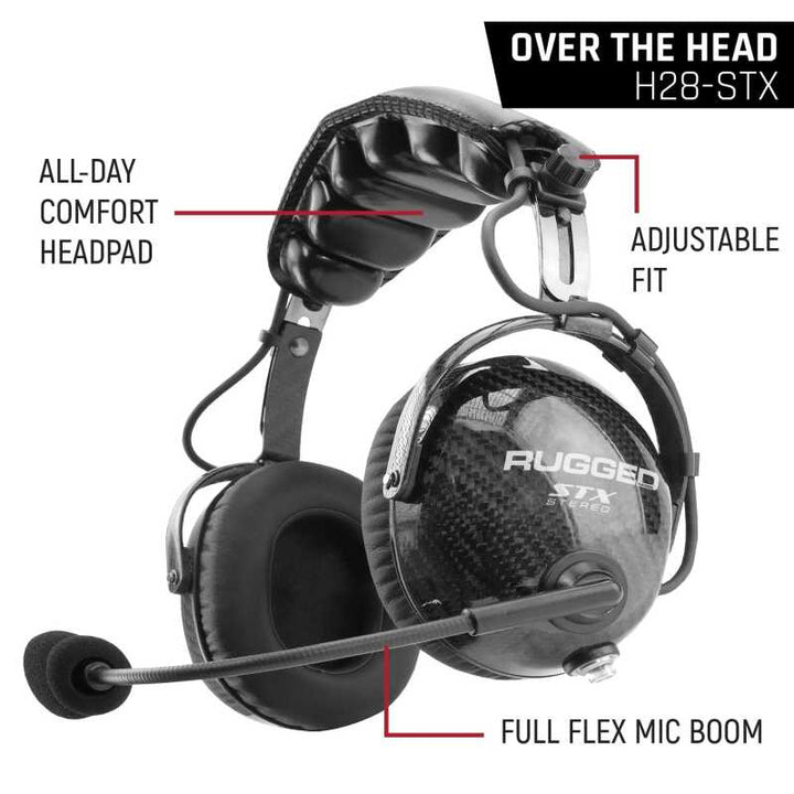 Rugged Radios AlphaBass Carbon Fiber Headset for STEREO and OFFROAD Intercoms Behind The Head - Bull Strap