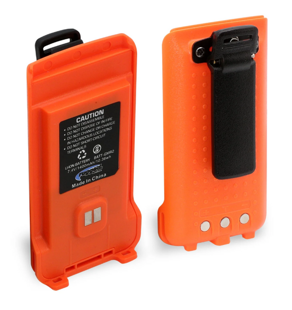 Rugged Radios GMR2 Replacement Lithium Battery w/12v Charge Port and Belt Clip Safety Orange - Bull Strap