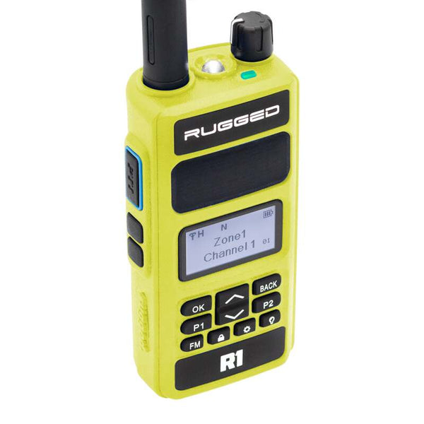 Rugged Radios Rugged R1 - Business Band Two Way Handheld Radio - Digital and Analog Safety Yellow - Bull Strap