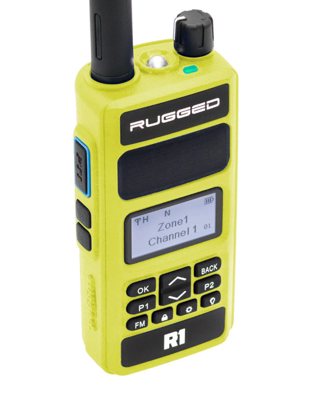 Rugged Radios Rugged R1 - Business Band Two Way Handheld Radio - Digital and Analog Safety Yellow - Bull Strap