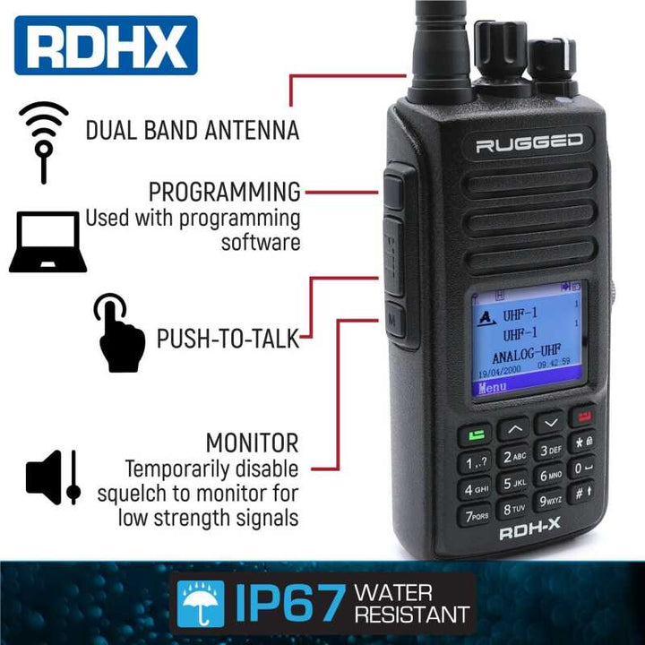 Rugged Radios WATERPROOF - Rugged RDH-X - Bus Band 2-Way Radio - Digital and Analog / Safety Yellow - Bull Strap