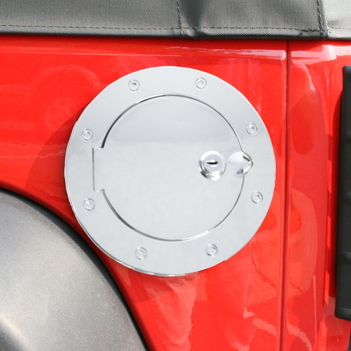 Rugged Ridge 07-18 Jeep Wrangler JK Stainless Steel Locking Gas Cap Door - Bull Strap