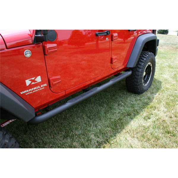 Rugged Ridge 3 In Round Tube Steps Black 07-18 Jeep Wrangler Unlimited JK - Bull Strap