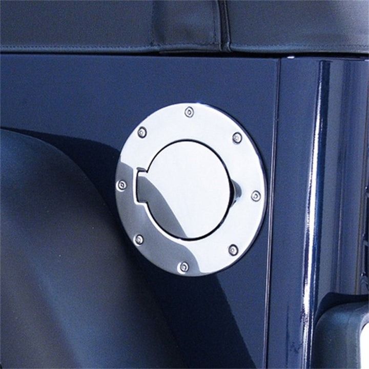 Rugged Ridge 97-06 Jeep Wrangler TJ Stainless Steel Non-Locking Gas Cap Door - Bull Strap