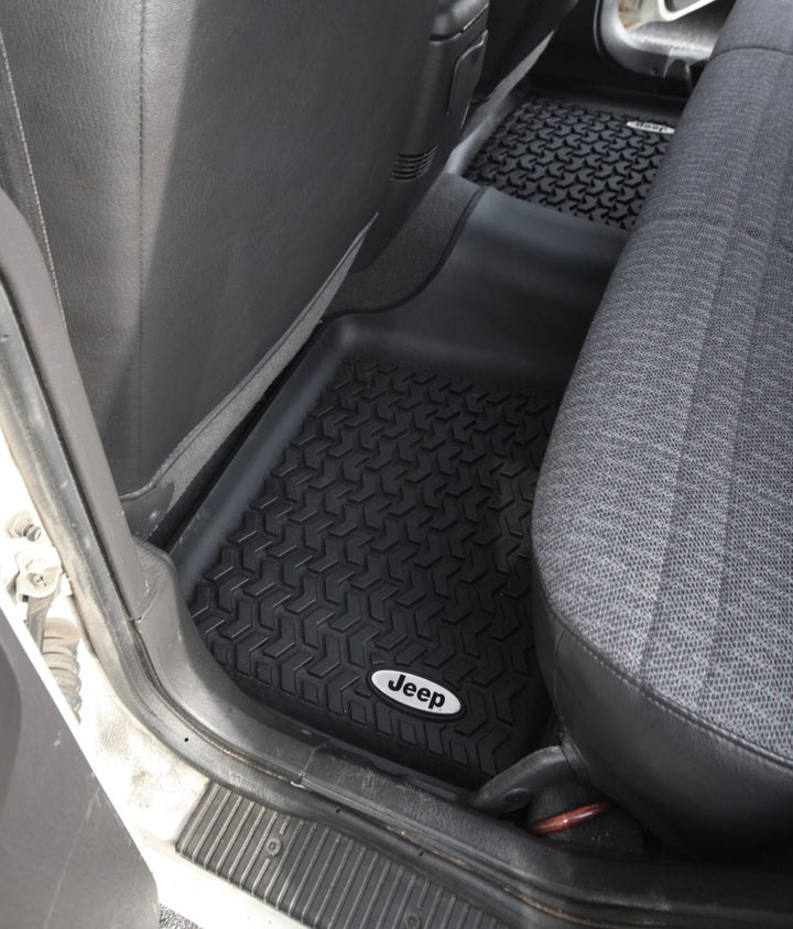 Rugged Ridge Floor Liner Rear Black 1984-2001 Jeep Logo Cherokee XJ - Bull Strap