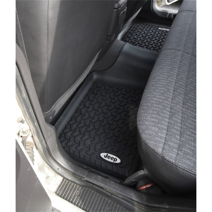 Rugged Ridge Floor Liner Rear Black 1984-2001 Jeep Logo Cherokee XJ - Bull Strap