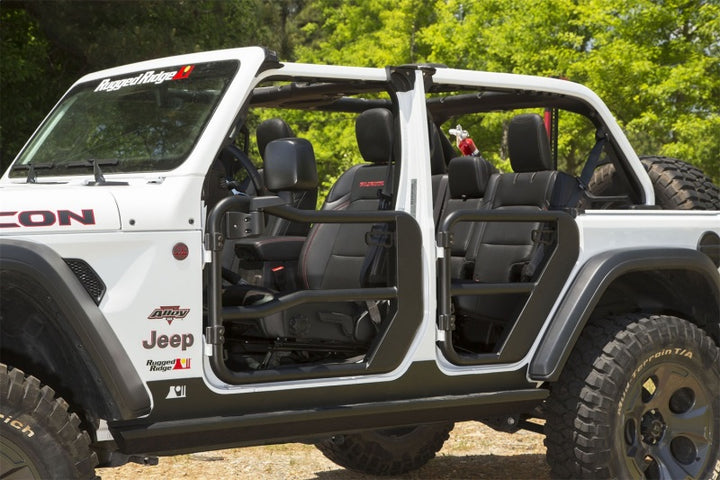 Rugged Ridge Fortis Front Tube Doors with Mirrors 18-23 Jeep Wrangler JL/JT - Bull Strap