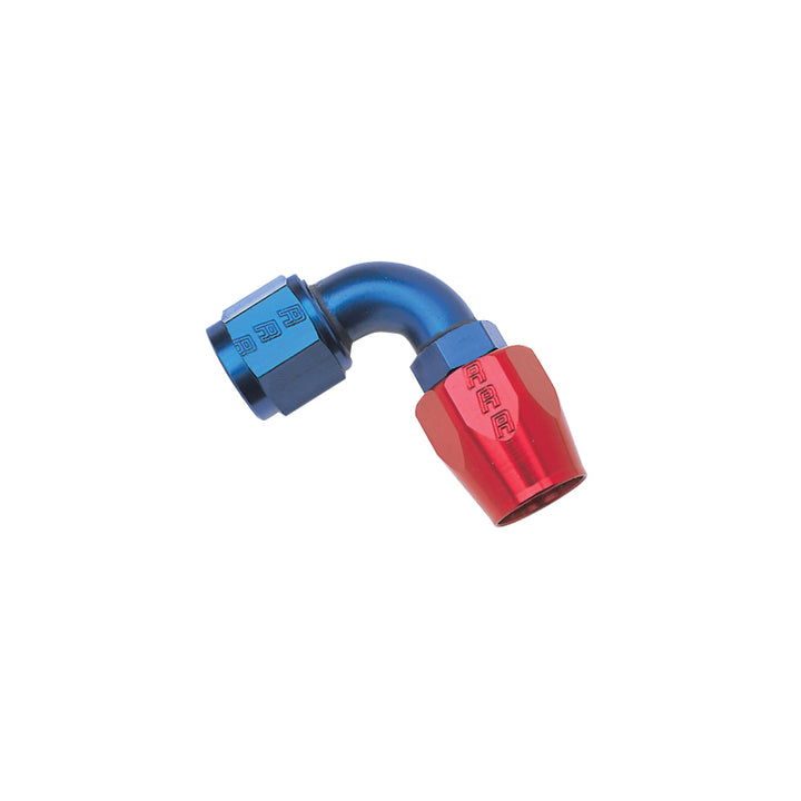 Russell Performance -6 AN Red/Blue 90 Degree Full Flow Hose End - Bull Strap