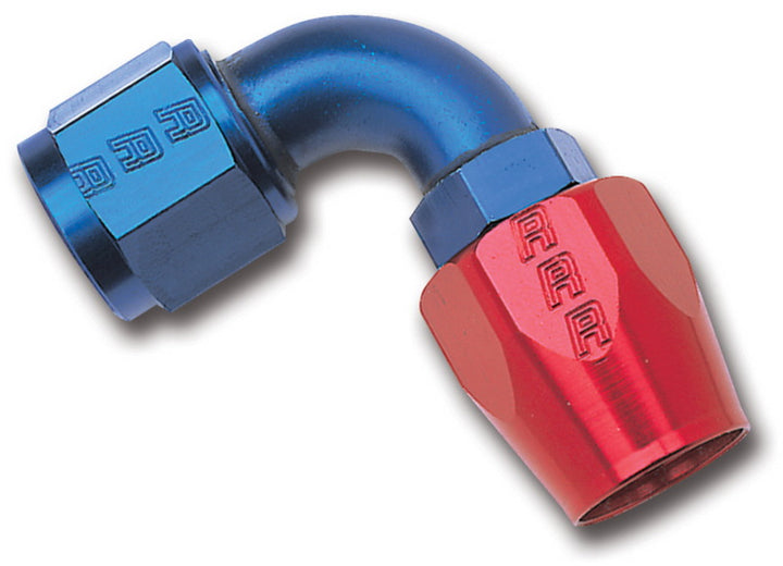 Russell Performance -6 AN Red/Blue 90 Degree Full Flow Hose End - Bull Strap