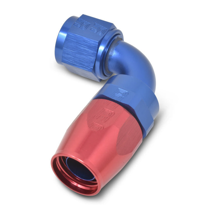 Russell Performance -6 AN Red/Blue 90 Degree Full Flow Hose End - Bull Strap