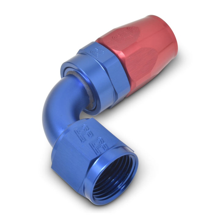 Russell Performance -6 AN Red/Blue 90 Degree Full Flow Hose End - Bull Strap