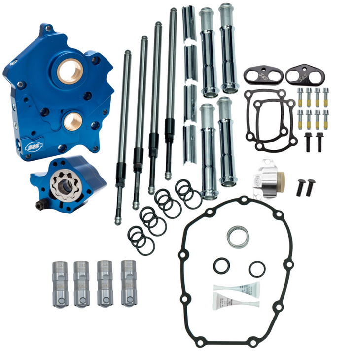 S&S Cycle 2017+ M8 Oil Cooled Cam Chest Kit w/o Cam - Chrome Pushrod Tubes & Chain Tensioner - Bull Strap
