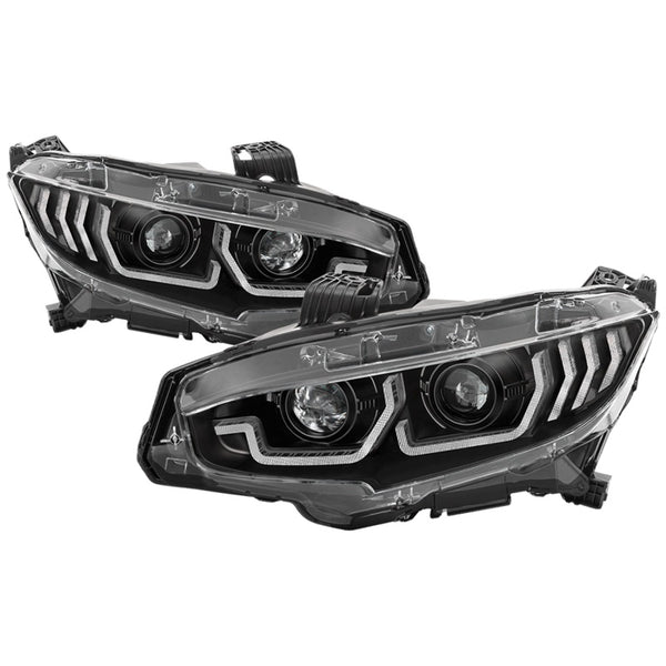 Spyder 16-18 Honda Civic 4Dr w/LED Seq Turn Sig Lights Proj Headlight - Black - PRO-YD-HC16-SEQ-BK - Bull Strap