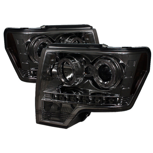 Spyder Ford F150 09-14 Projector Headlights Halogen Model- LED Halo LED Smke PRO-YD-FF15009-HL-SM - Bull Strap