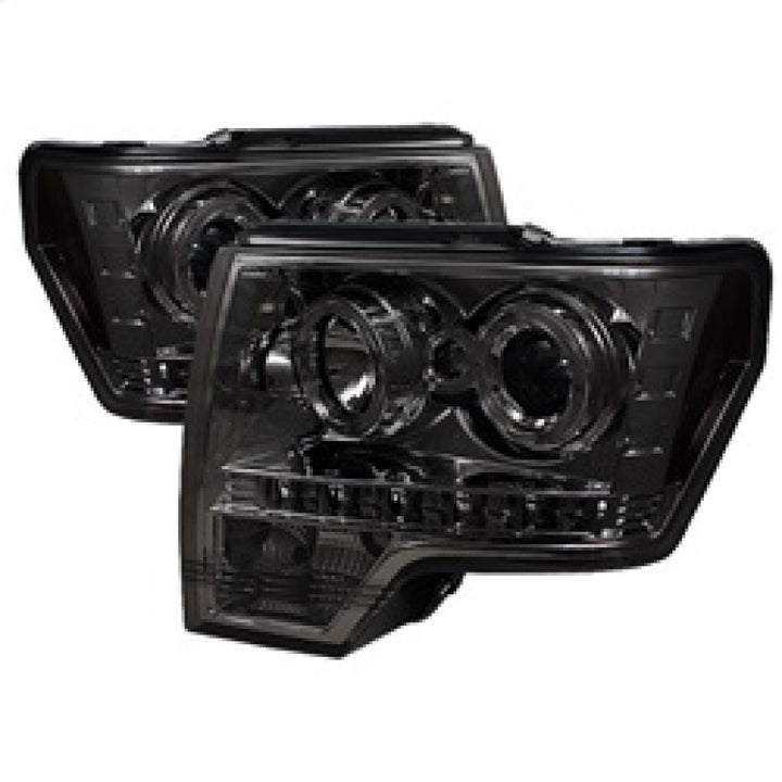 Spyder Ford F150 09-14 Projector Headlights Halogen Model- LED Halo LED Smke PRO-YD-FF15009-HL-SM - Bull Strap