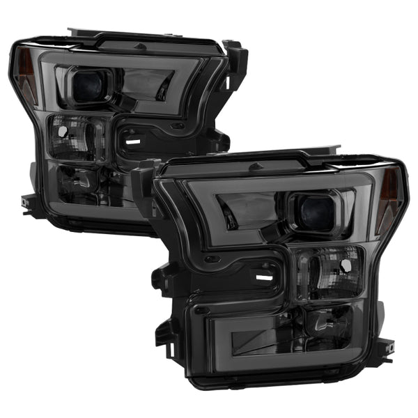 Spyder Ford F150 2015-2017 Projector Headlights - Light Bar DRL LED - Smoke PRO-YD-FF15015-LBDRL-SM - Bull Strap