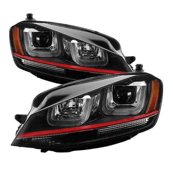 Spyder Volkswagen Golf VII 14-16 Projector Headlights DRL LED Red Stripe Blk PRO-YD-VG15-RED-DRL-BK - Bull Strap