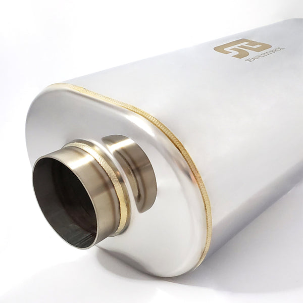 Stainless Bros 3.0in x 12.0in OAL SS304 Muffler - Polished - Bull Strap