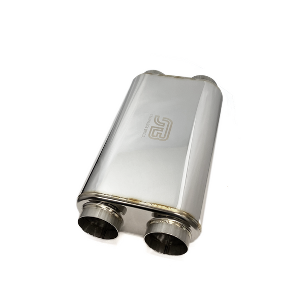 Stainless Bros 3in x 17in OAL SS304 Thin Oval Muffler (3in Dual In / 3in Dual Out) - Polished - Bull Strap