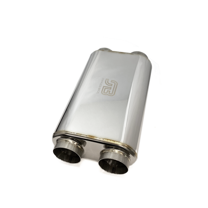 Stainless Bros 3in x 17in OAL SS304 Thin Oval Muffler (3in Dual In / 3in Dual Out) - Polished - Bull Strap