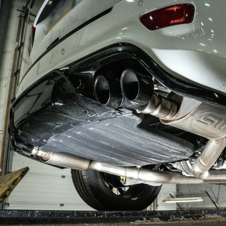 Stainless Works 2018 Jeep TrackHawk 6.2L 3in Catback System X-Pipe Turbo S-Tube Muffler Stock Exit - Bull Strap
